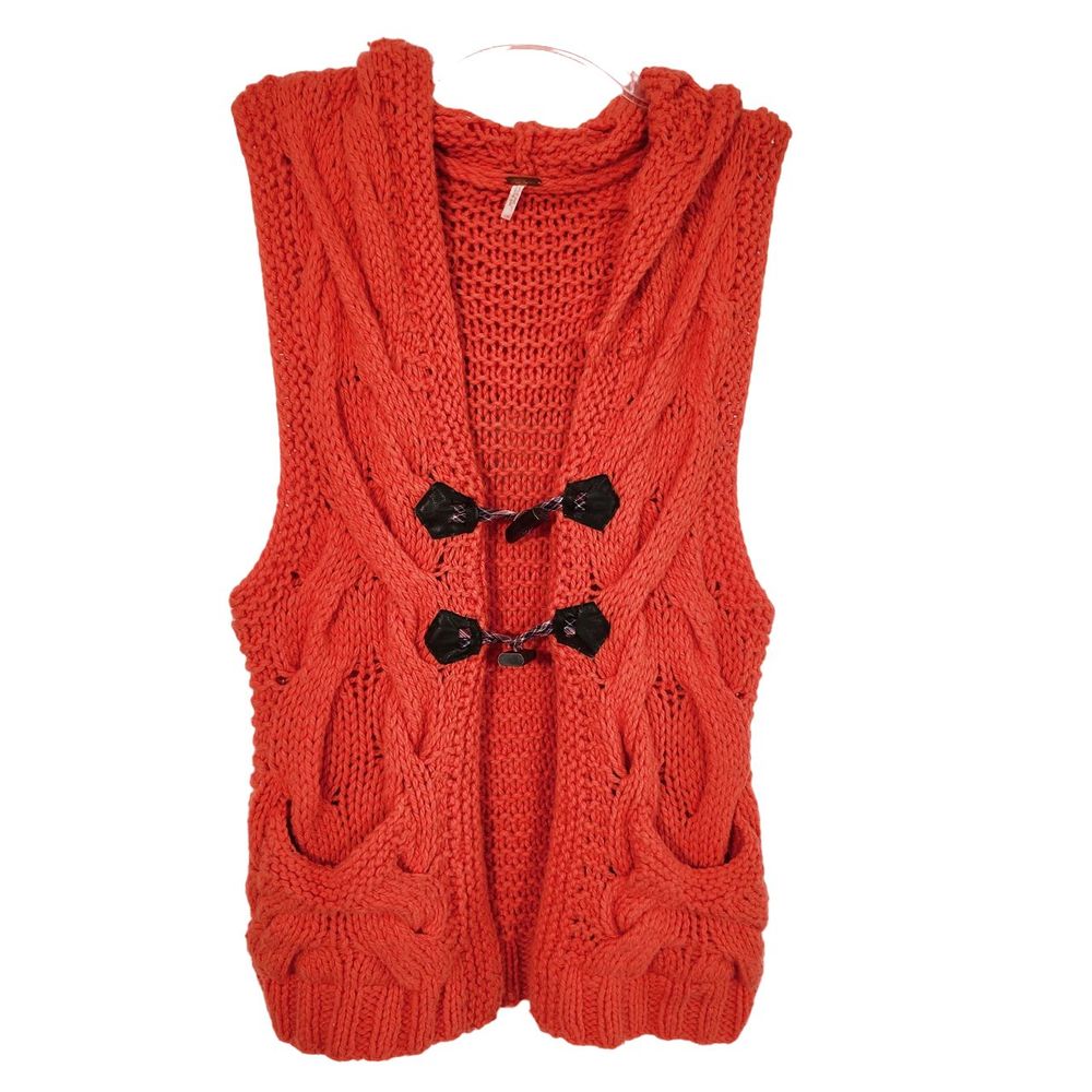 Free People Chunky Cable Knit Hooded Sleeveless Sweater Vest Sz L Orange Toggle